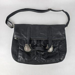 Fossil Riley Fold Over Black Genuine Leather Tote Hand Bag Crossbody Purse